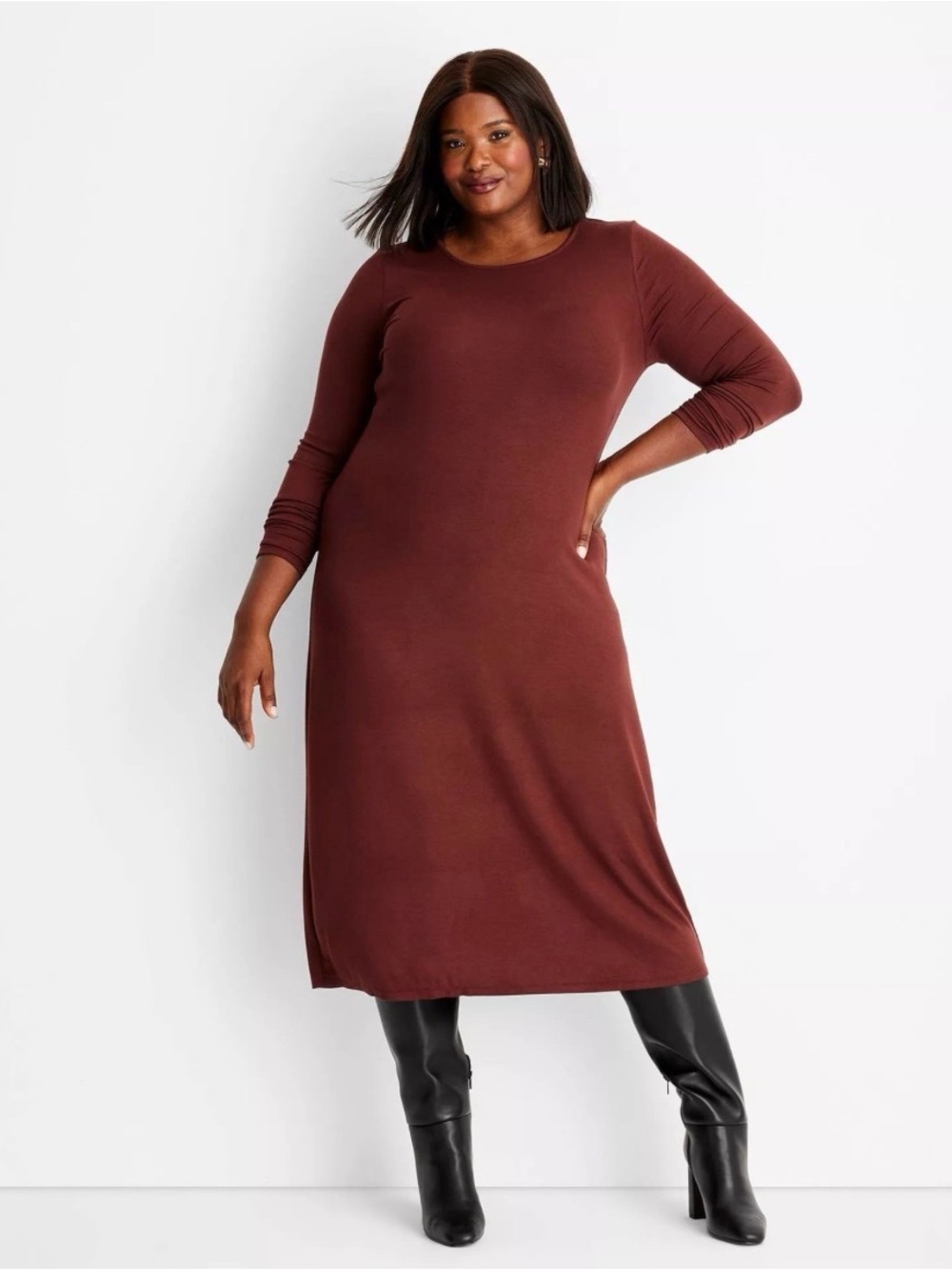 Classic Long-Sleeve Midi Dress in Deep Brown